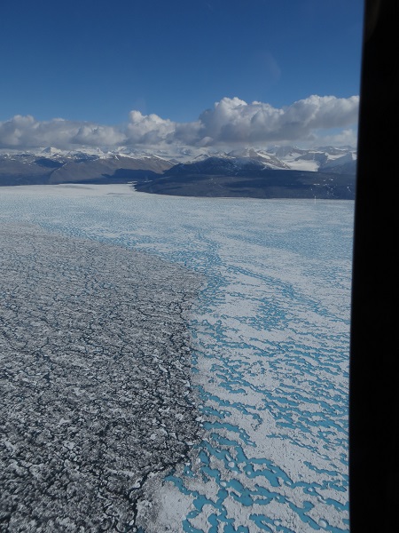 The distinction between land and blue ice is stark
